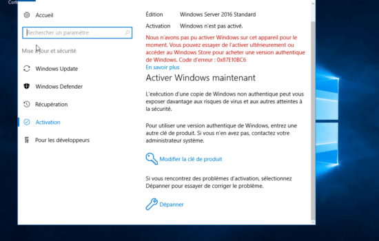 erreur Windows server 2016 activation