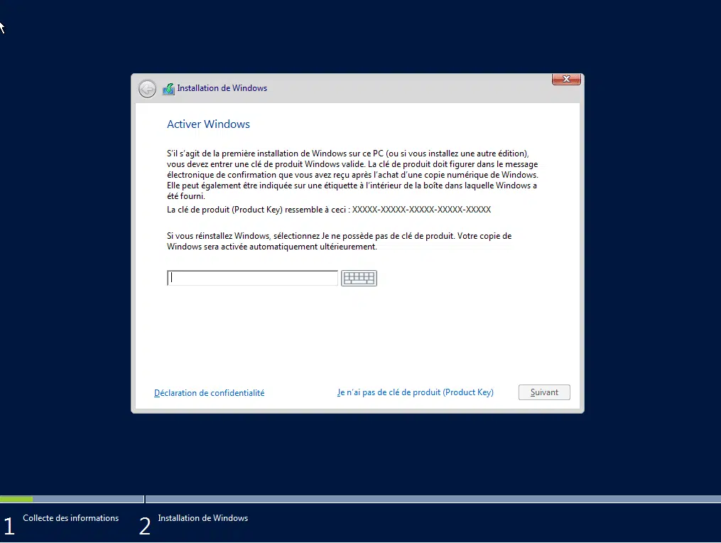 inséré clé de licence Windows server 2016 sans interface graphique