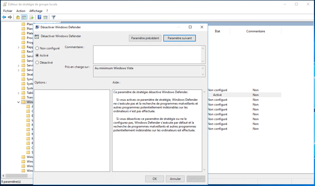 désactiver la ligne Windows defender
