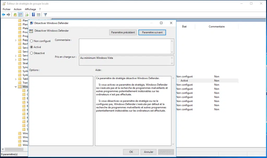 désactiver la ligne Windows defender