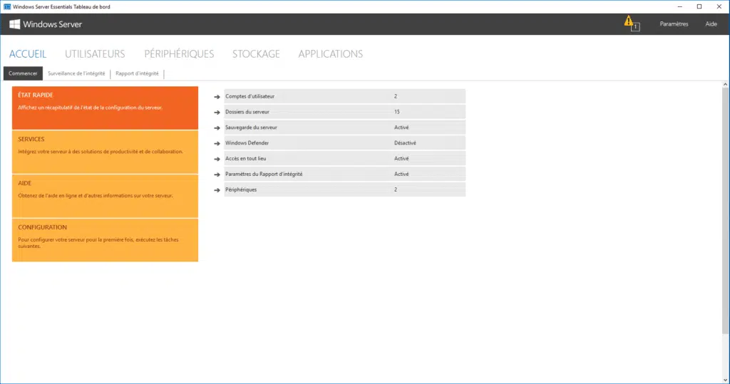 tableau de bord de Windows server essentials 2016