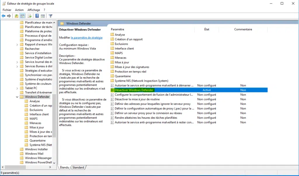 éditeur de stratégie de groupe locale pour Désactiver Windows defender