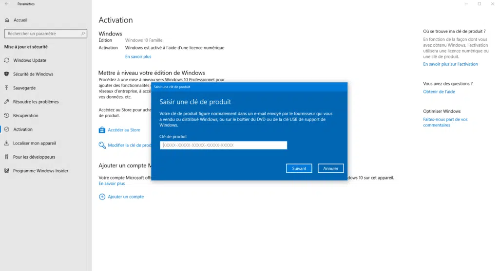 Mis à niveau Windows 10 Famille vers Windows 10 Professionnel