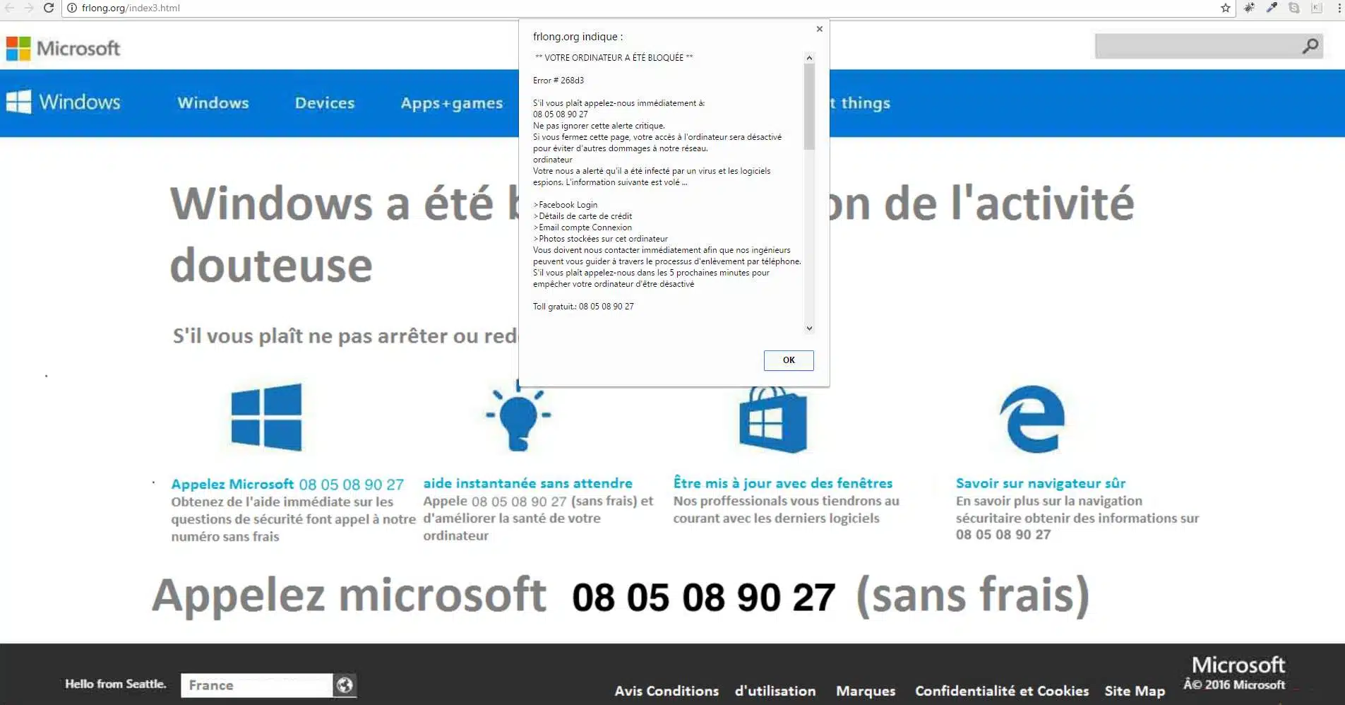 Message disant virus numéro de téléphone à appeler