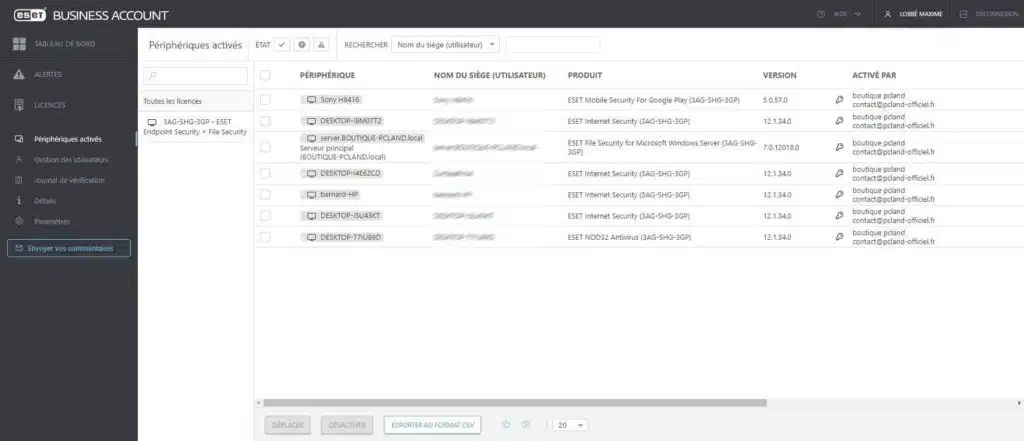 Périphériques activés de ESET Business Account