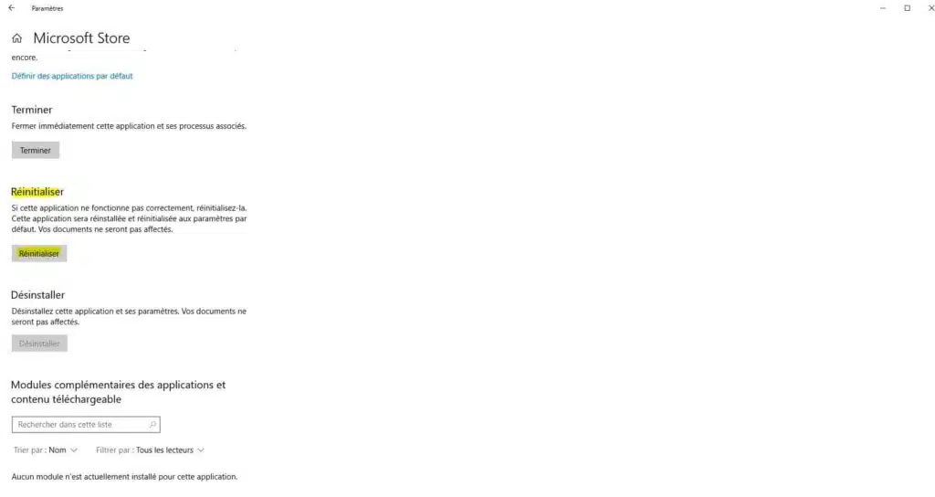 Faire reset Windows Store