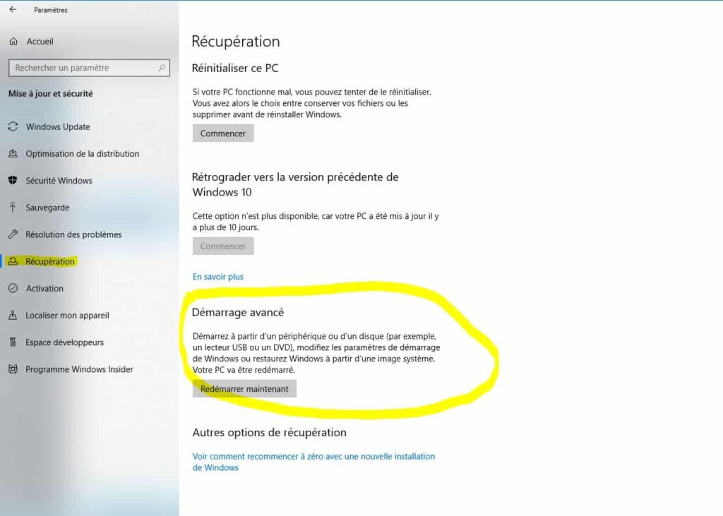 démarrer en mode sans échec Windows 10