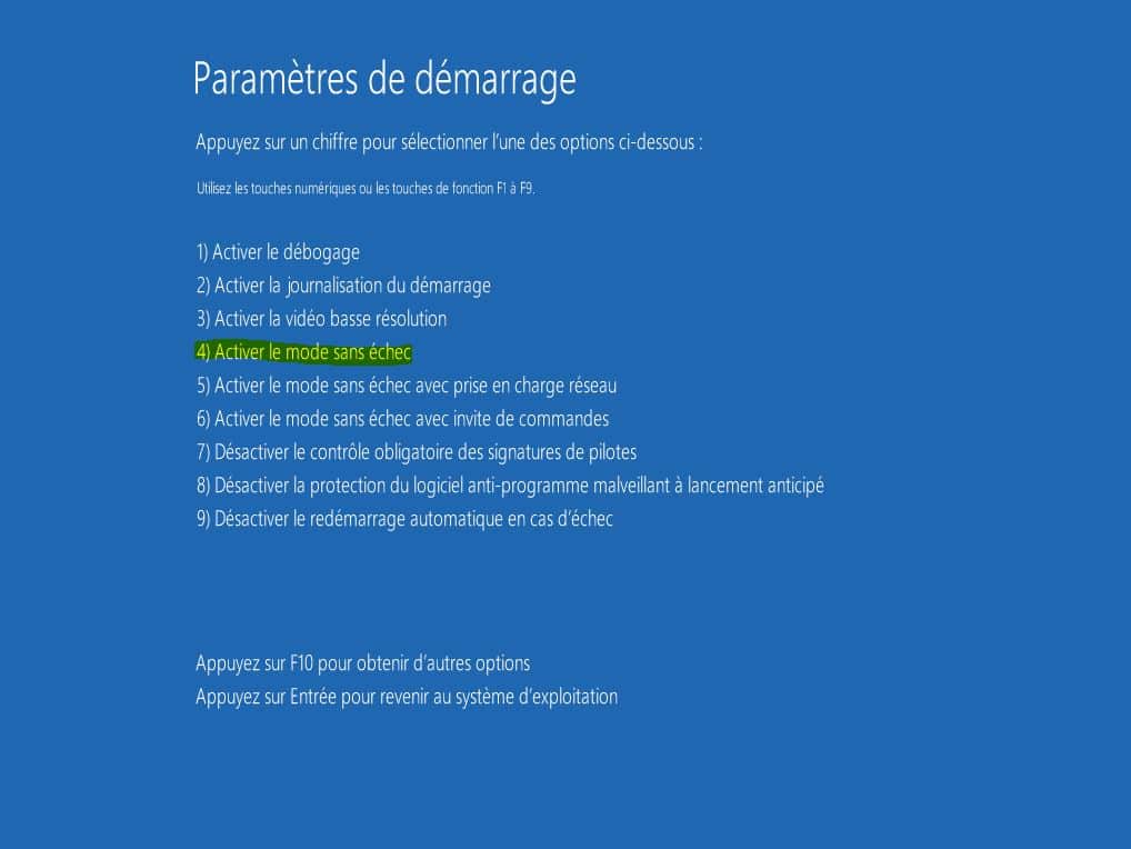 mode sans échec Windows 10