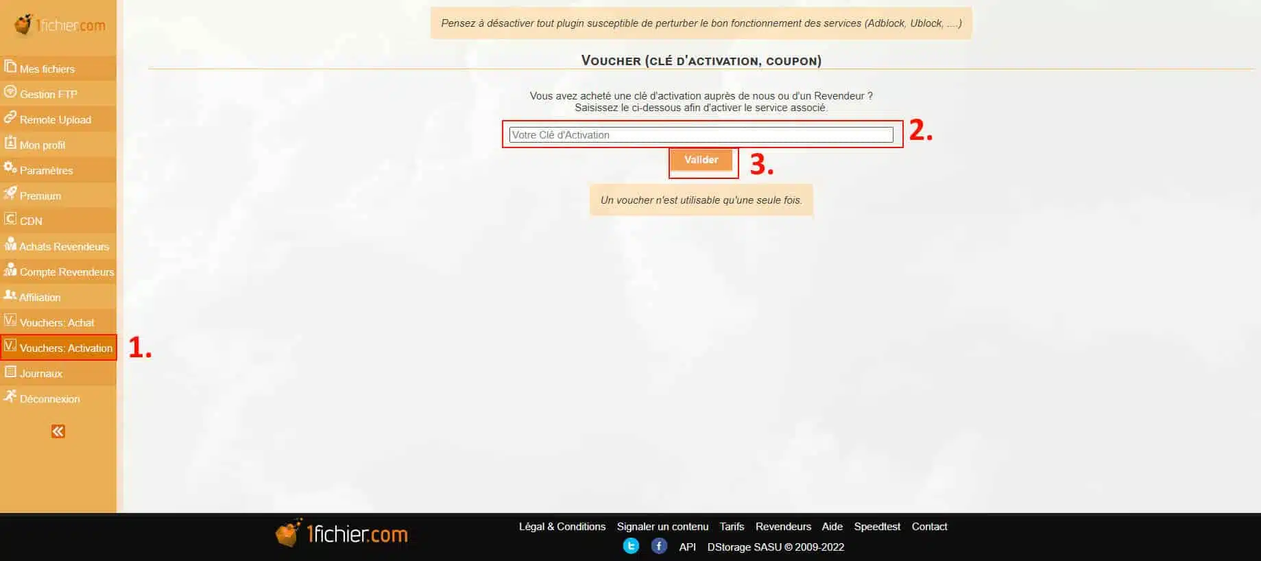 activer clé voucher sur le site de 1fichier.com
