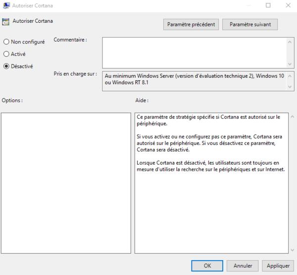 désactiver l'assistant Cortana