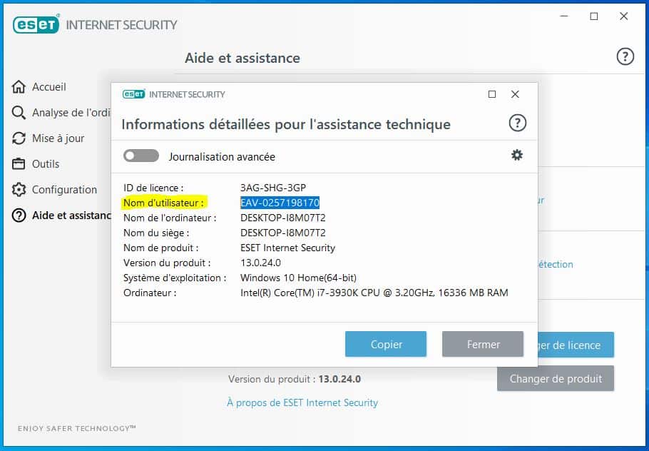 Retrouver ma nom d'utilisateur EAV ESET antivirus