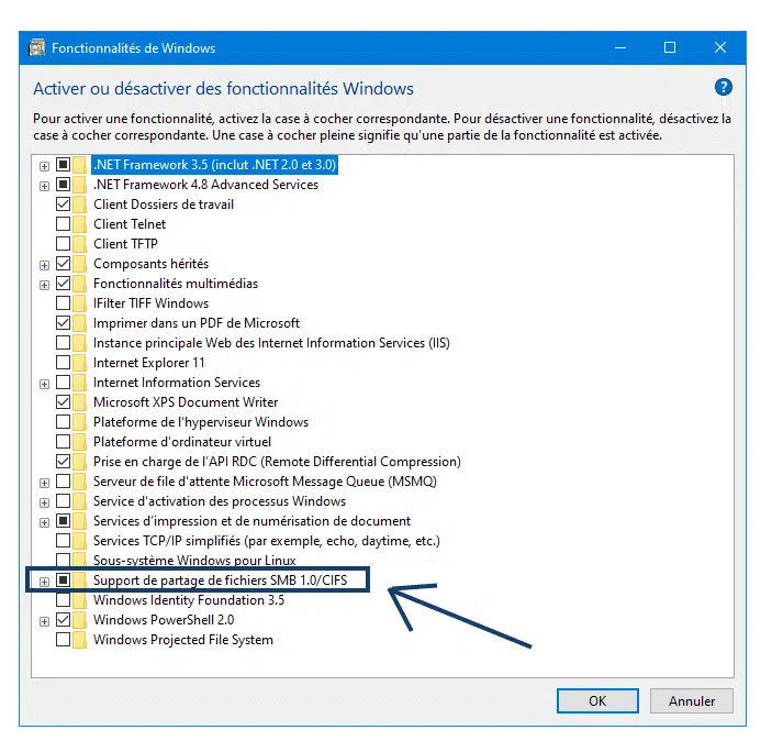 Activer fonctionnalités Windows smb 1.0 windows 10