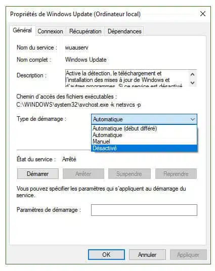 Désactivez windows Update sur Windows 10.