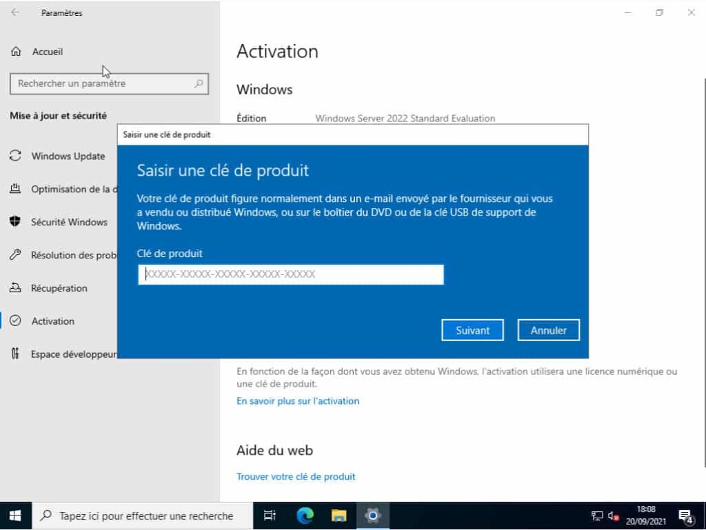 activation de Windows Server 2022 standard