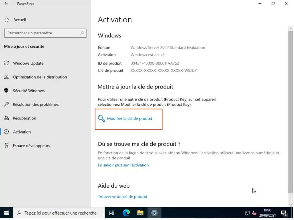 activation de Windows Server 2022 standard