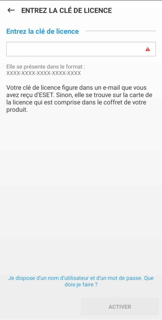 04 - Entrez la clé de licence ESET mobile Security antivirus pour smartphone
