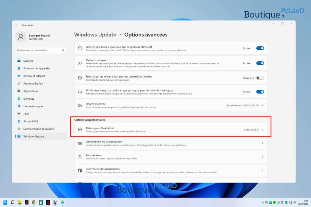 Windows Update - Option avancées - Options supplémentaires - mises à jour facultatives Windows 11