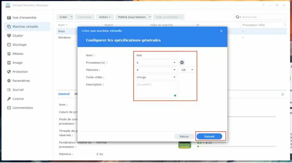Configurer les spécifications générales de la Machine virtuelle microsoft windows su nas Synology