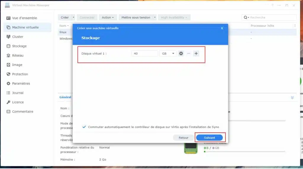 stockage allouer pour virtual machine manager windows