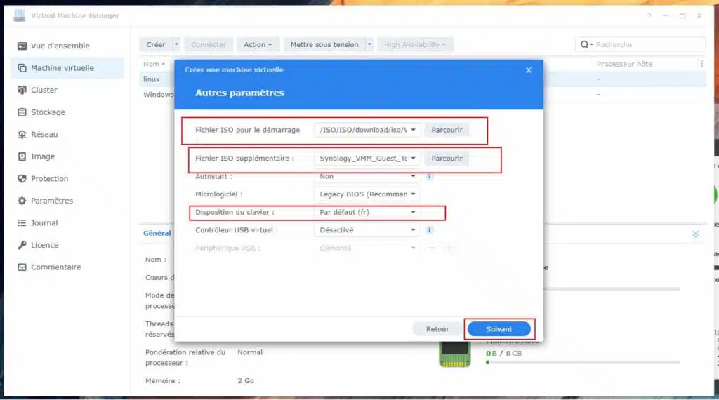 autres parametres pour la virtual machine manager windows