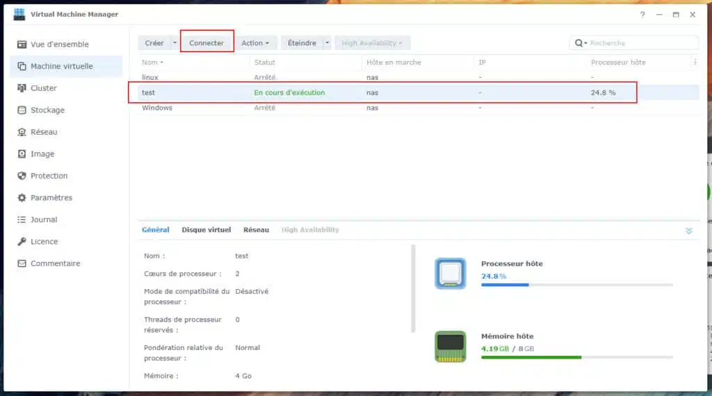 virtual machine windows en cours d'execution sur nas synology