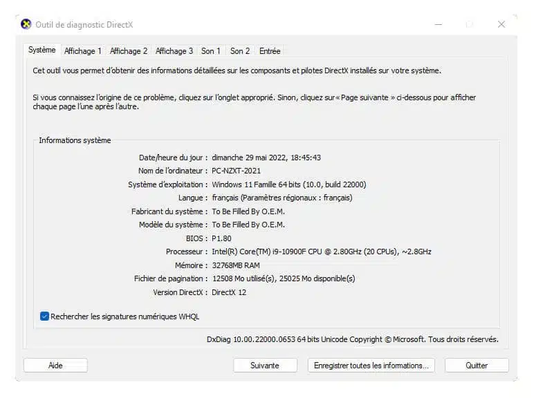 Outil de diagnostic DirectX