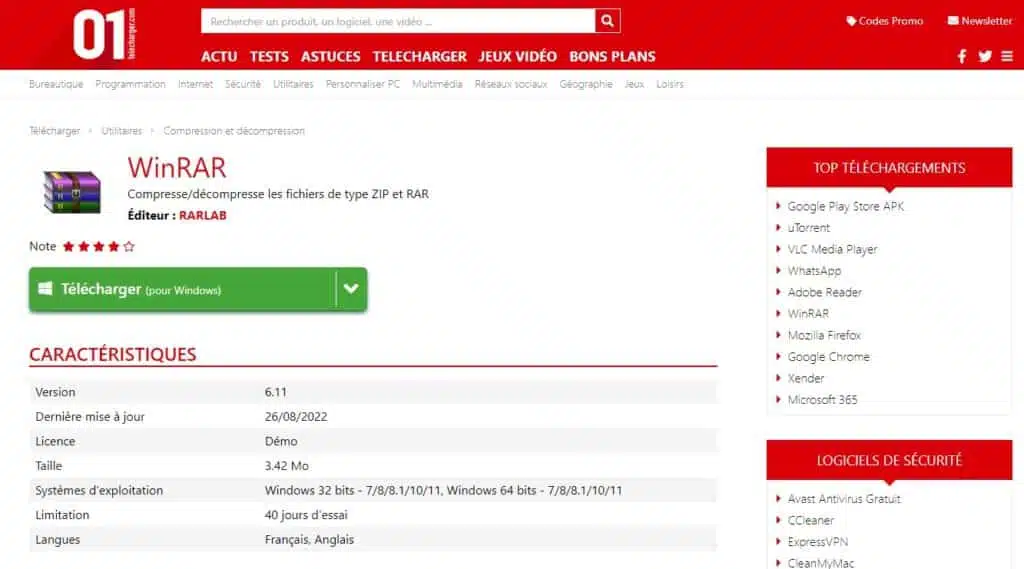 telecharger logiciel winrar 01.net