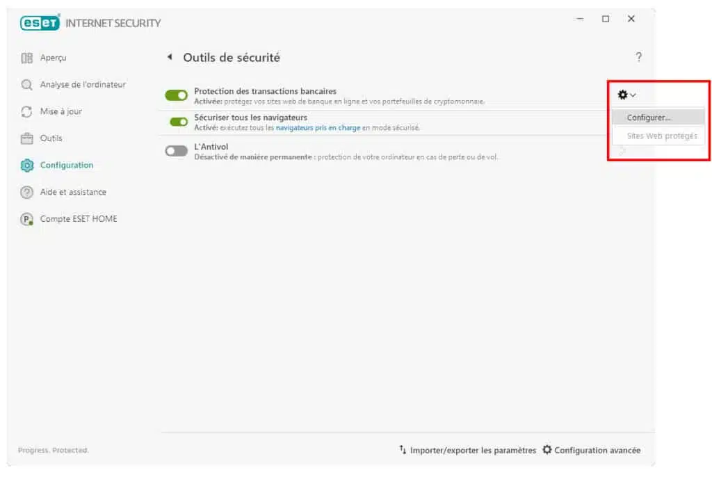 contour vert d'ESET du navigateur internet