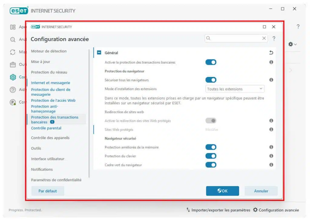 contour vert d'ESET du navigateur internet