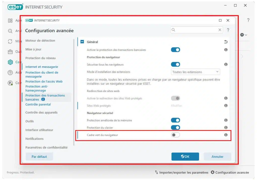 contour vert d'ESET du navigateur internet