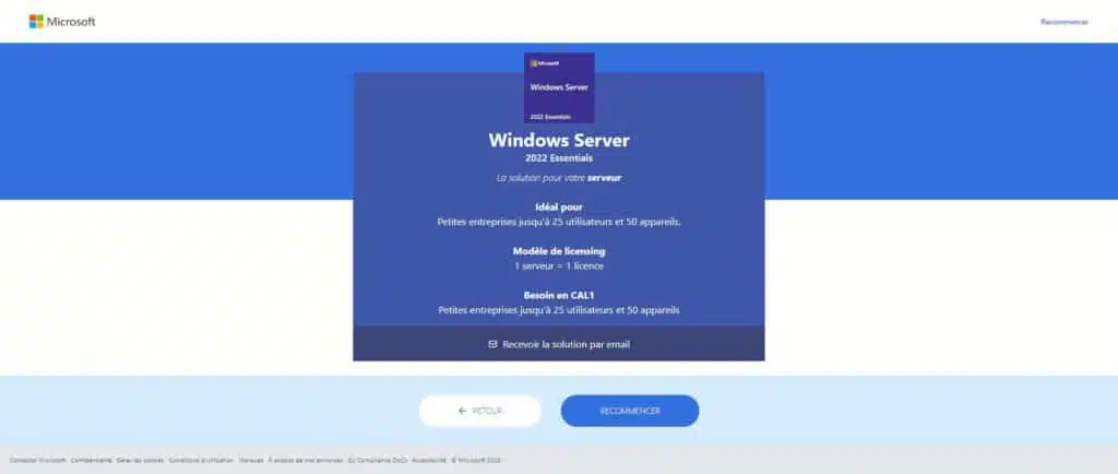 Résultat du configurateur de microsoft pour connaitre quelle version de Windows server choisir