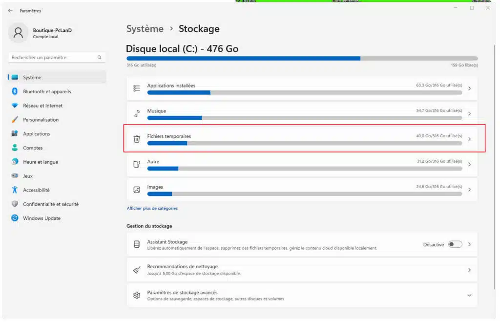 système > stockage > fichiers temporaires