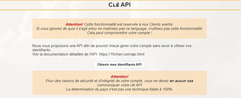 Obtenir une clé d'API sur 1fichier.com