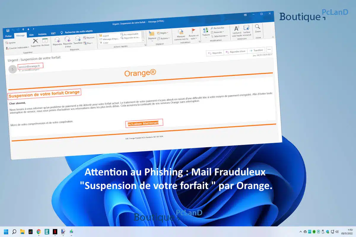 Faux mail Orange "Urgent : Suspension de votre forfait"