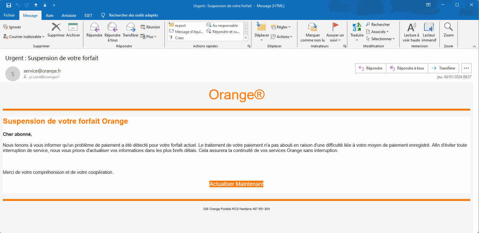 mail frauduleux "Suspension de votre forfait Orange"