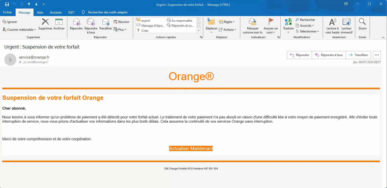 mail frauduleux "Suspension de votre forfait Orange"