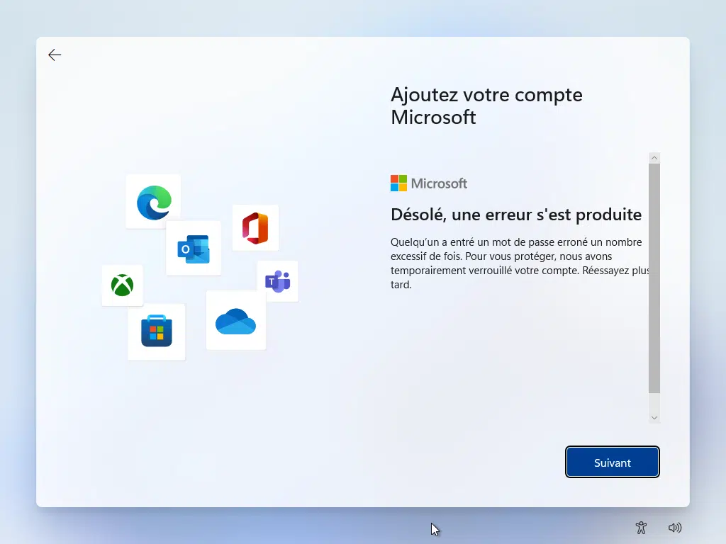 Désolé, un erreur s'est produite connexion compte microsoft