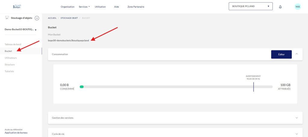 Bucket storage objet cloud boutique pcland