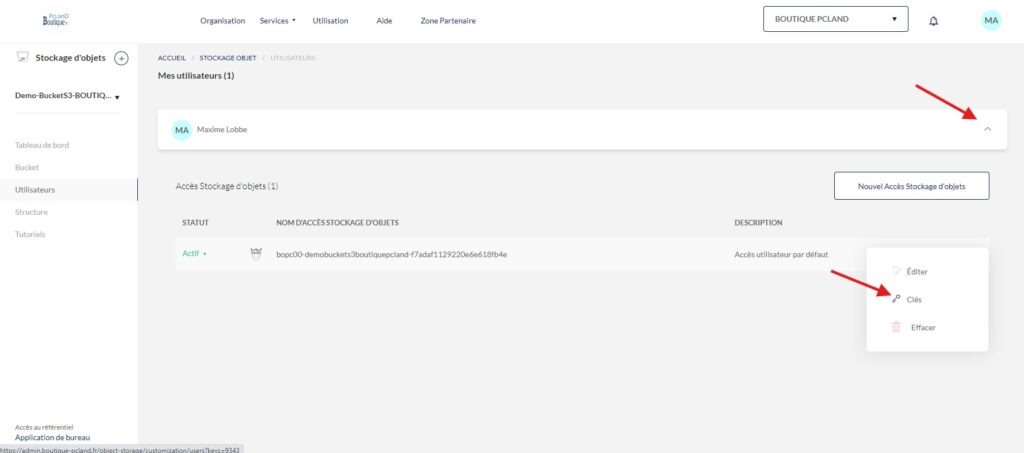 Clé access et secret stockage objet cloud boutique pcland
