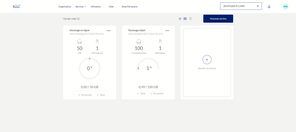 portail cloud storage boutique pcland