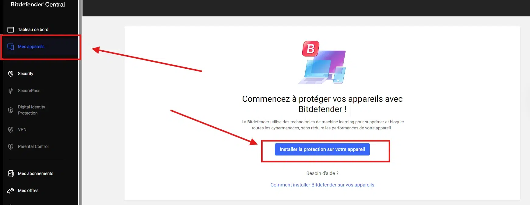 Ajout d'un appareil à protéger dans Bitdefender Central