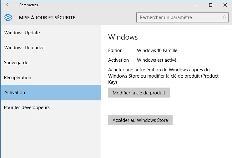 Activation de Windows 10