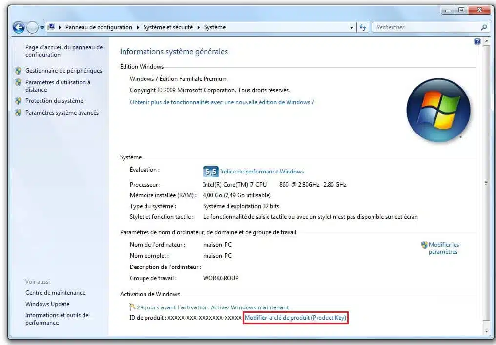 Activation de Windows 7