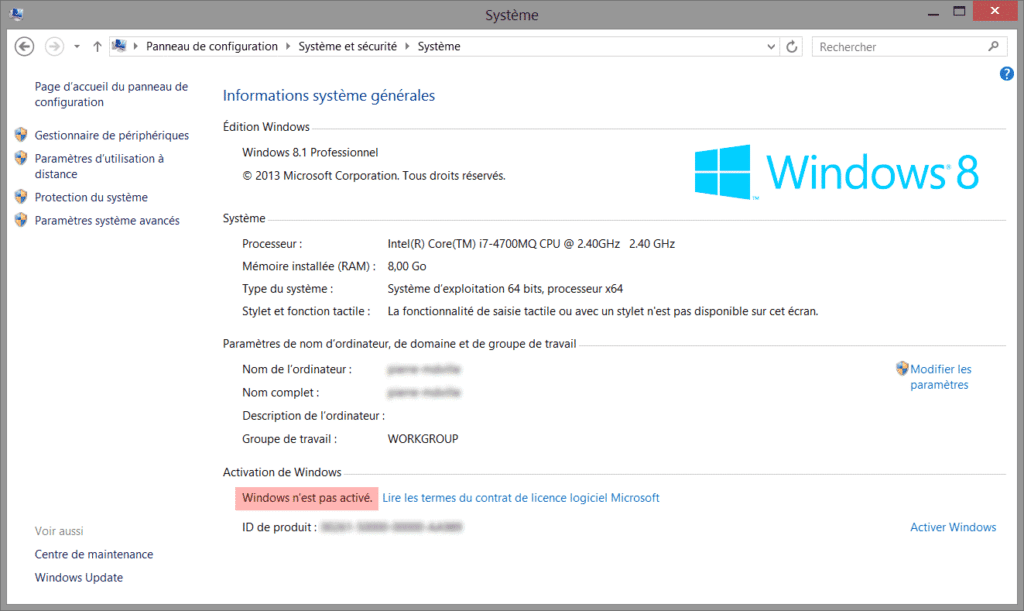 Activation de Windows 8