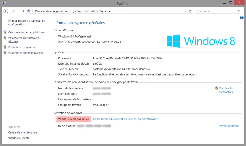 Activation de Windows 8