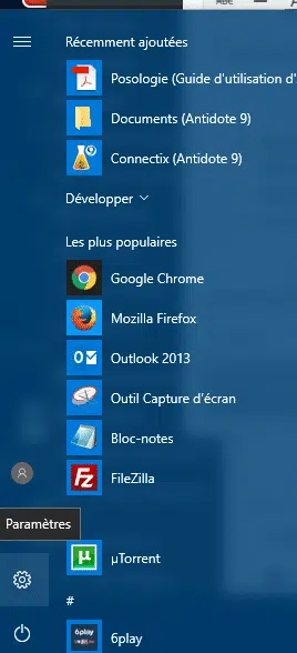 paramètres dans Windows 10